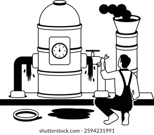 Heating engineer Replacing Pressure Valve vector design, plumbing worker sketch, Handyman Services drawing, HVAC technician story illustration, Person Working on operational Fire tube boilers concept