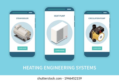 Heating engineering system isometric vertical banners set with 3d steam boiler heat and circulation pump isolated vector illustration