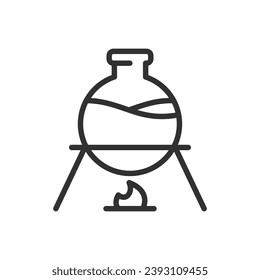 Heating a flask over a fire, linear icon. Chemistry experiment. Line with editable stroke