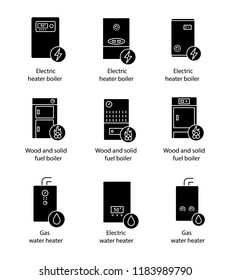 Heating glyph icons set. Gas, electric, solid fuel, boilers and water heater. Commercial, industrial and domestic central heating systems. Silhouette symbols. Vector isolated illustration