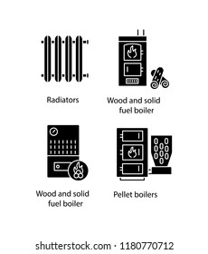 Heating glyph icons set. Radiator, firewood and pellet boiler, solid fuel heater. Silhouette symbols. Vector isolated illustration