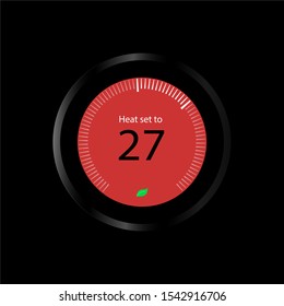 27C° in heating or heater mode with red background inside circle and black background