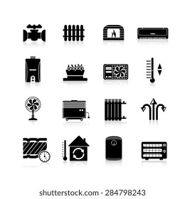 Heating icons black set with heat and cooling household system symbols isolated vector illustration