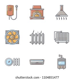 Heating icons set. Cartoon set of 9 heating vector icons for web isolated on white background
