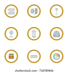 Heating icons set. Cartoon style set of 9 heating vector icons for web design