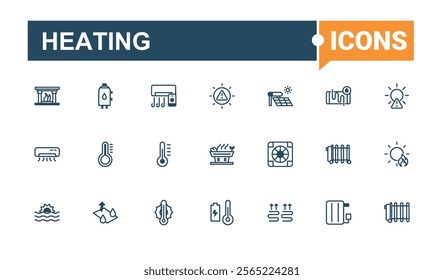 Heating icons set. Contains such icons as vent, flow, up, heating, icon, pipe, cook, sun. Simple line vector. Editable vector outline and solid icons.