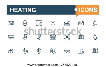 Heating icons set. Contains such icons as vent, flow, up, heating, icon, pipe, cook, sun. Simple line vector. Editable vector outline and solid icons.