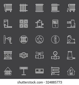 Heating icons - vector set of linear home heating symbols. Furnaces, boilers, electric space heaters signs.