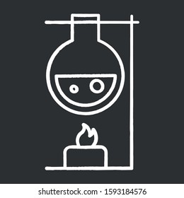 Heating laboratory flask with candle chalk icon. Conducting experiment. Laboratory work. Interaction with chemicals. Scientific research. Organic chemistry. Isolated vector chalkboard illustration