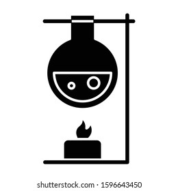 Heating laboratory flask with candle glyph icon. Lab experiment. Interaction with chemicals. Organic chemistry research. Silhouette symbol. Negative space. Vector isolated illustration