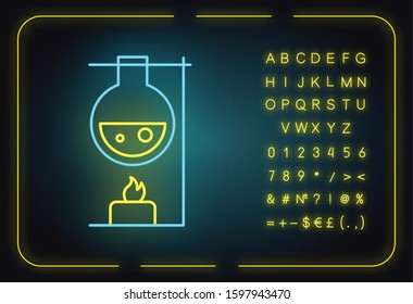 Heating laboratory flask with candle neon light icon. Lab experiment. Interaction with chemicals. Organic chemistry. Glowing sign with alphabet, numbers and symbols. Vector isolated illustration