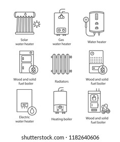 Heating linear icons set. Boilers, radiators, water heaters. Gas, electric, solid fuel, pellet, solar boilers. Isolated vector outline illustrations. Editable stroke