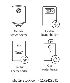 Heating linear icons set. Central heating system. Electric and gas water heater and heating boilers. Thin line contour symbols. Isolated vector outline illustrations. Editable stroke