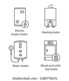 Heating linear icons set. Electric boiler, gas and electric tankless water heater, solid fuel boiler. Thin line contour symbols. Isolated vector outline illustrations. Editable stroke