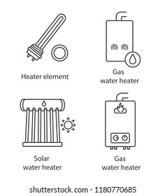 Heating linear icons set. Electric and gas water heaters, heating boiler, industrial water heater. Thin line contour symbols. Isolated vector outline illustrations. Editable stroke