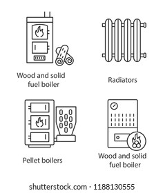 Heating linear icons set. Radiator, firewood and pellet boiler, solid fuel heater. Thin line contour symbols. Isolated vector outline illustrations. Editable stroke