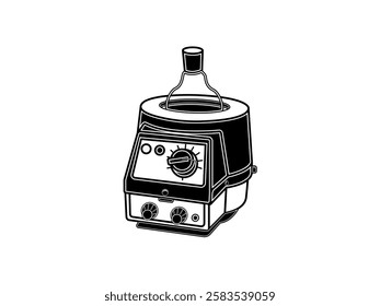 Heating mantle icon illustration design with volumetric flask, laboratory equipment for testing materials such as organic liquids in glass vessels, black and white realistic icon vector