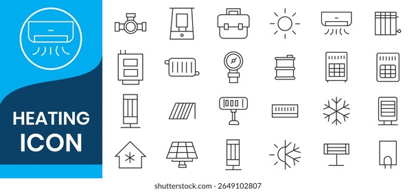 Aquecimento conjunto de ícone moderno. Conter símbolos lineares temperatura, lareira, quente, aquecedor, caldeira, fogo, calor e muito mais. Conjunto de ícones de acesso. Coleções de vetores minimalistas. 
