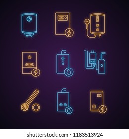 Heating neon light icons set. Boilers, water heaters, boiler room. Gas and electric heaters. Commercial, industrial and domestic central heating systems. Glowing signs. Vector isolated illustrations