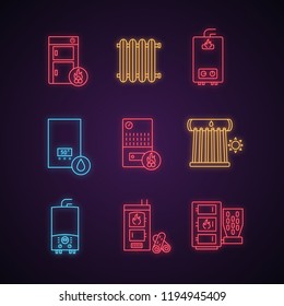 Heating neon light icons set. Boilers, radiators, water heaters. Gas, electric, solid fuel, pellet, solar boilers. Glowing signs. Vector isolated illustrations