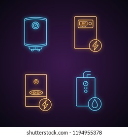 Heating neon light icons set. Central heating system. Electric and gas water heater and heating boilers. Glowing signs. Vector isolated illustrations