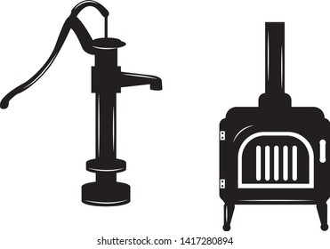 Heating And Plumbing Icon Vectors Of An Old Fashioned Water Pump (spigot) And A Cast Iron Wood Stove 