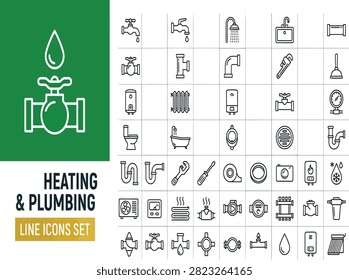 Heating and plumbing service, water pipe, and HVAC repair green banner line icon set. Valve, pipe fitting, faucet, radiator, and maintenance icons.