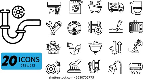 Conjunto de iconos de sistemas de calefacción y fontanería: 20 Ilustraciones vectoriales generales para el mantenimiento del hogar y el Industrial