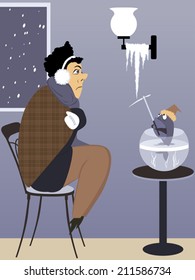 Heating problem. Freezing man and a fish with an ice pick looking at an icicle growing from a lighting fixture in the house, vector illustration