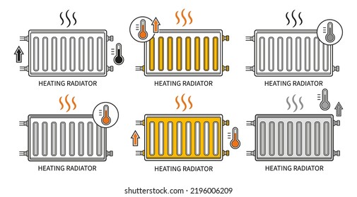 Batería del radiador de calefacción, calentador de pared del hogar, sistema central de calor, conjunto de iconos de línea de convectores de aceite caliente. Electricidad, panel de calentamiento de agua, equipo de la casa térmica. Controlar la temperatura ambiente en el vector de la estación fría