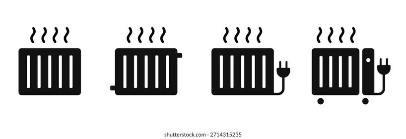 Conjunto de iconos planos del radiador de calefacción. Calentador eléctrico. Vector