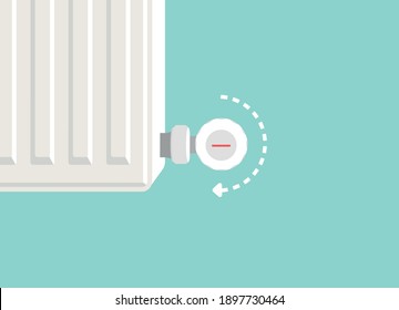 Heating radiator. Metal radiator for heating systems. Flat design style. Realistic heating radiator temperature drop with temperature button in zoom vector. To the right, the temperature decreases.