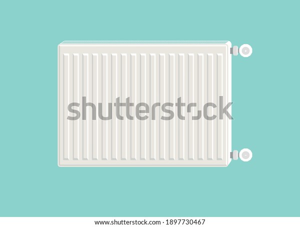 Heating radiator. Metal radiator for\
heating systems. Modern design style. Realistic white steel panel\
heating radiator on blue background. Illustration\
device.