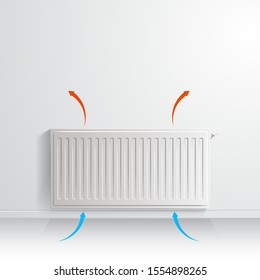 Heating radiator on white wall with arrow showing air circulation, front view. 