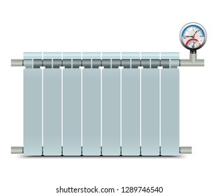 Heating radiator with pressure gauge thermometer. Home heating system. Vector illustration.