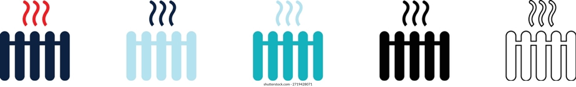 Heating radiators icons set with steam effect, various colors and styles