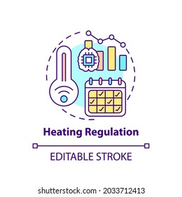 Icono de concepto de regulación de calefacción. Ilustración de línea delgada de idea de oficina inteligente. Mantenimiento de una temperatura razonable. Ambiente personalizado en las habitaciones. Dibujo de color RGB con contorno aislado del vector. Trazo editable