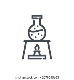 Heating of round bottom flask with liquid line icon. Laboratory experiment with flask and flame vector outline sign.