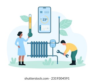 Heating and savings vector illustration. Cartoon tiny people hold wrench and thermometer, use mobile app in phone to control temperature with efficiency, reduce consumption, save energy and money