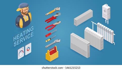 Heating service. Builder in uniform, professional tools, radiators. Isometric interior repairs concept. Home interior renovation. Vector flat 3d illustration.