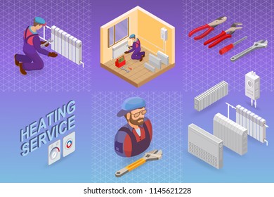 Heating service. Isometric interior repairs concept. Worker, equipment and items isometric icon. Builder in uniform, professional tools, radiators. Vector flat 3d illustration.