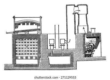Heizung Siemens, Teil des Gasifizierers und Ofens, Vintage-Gravur-Illustration. Industrielle Enzyklopädie E.-O. Lami - 1875.