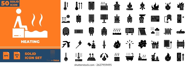Heating Solid Editable Icons set. Vector illustration in modern thin solid style of heatingicons: Thermometer, Pyrometer, Body Temperature, etc