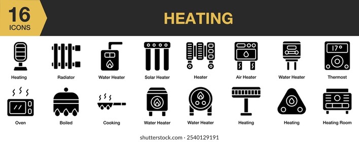 Heating solid icon set. Includes heating, oven, radiator, solar heater, thermostat, water heater, and More. Solid icons vector collection.