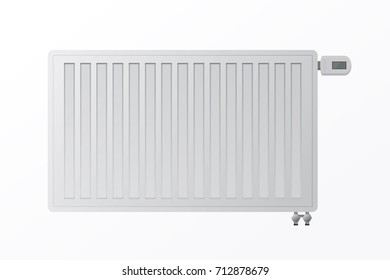 Heating steel panel radiator for HVAC systems on a white background. The bottom connection of the heater. Electronic controller vector illustration. Protection from the cold during the winter.