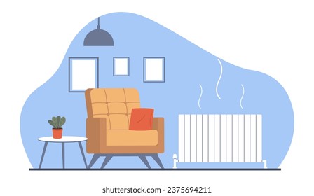 Heating system battery in house. Armchair in living room, radiator interior object, climate control in home equipment. Hot air in apartment. Cartoon flat style isolated vector concept