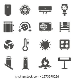 Heating system black glyph vector icons set. Air conditioner, boiler, radiator. Home infrared heater, thermometer, climate control silhouette illustrations collection isolated on white background