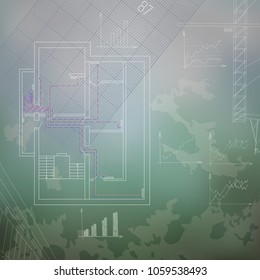 Heating system blueprint vector illustration. Heater technology diagram. HVAC industry.