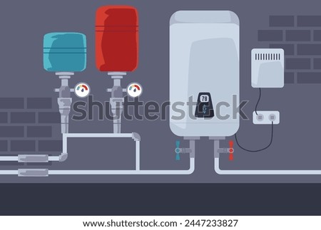 Heating system with boiler, pump, expansion tank and pipes vector illustration. House electric warming cold aqua equipment with white tank. Smart system with temperature regulator on the wall