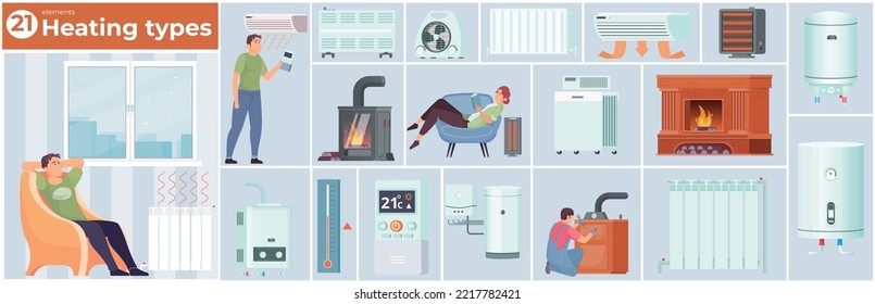 Heating system composition with comfort and winter symbols flat vector illustration